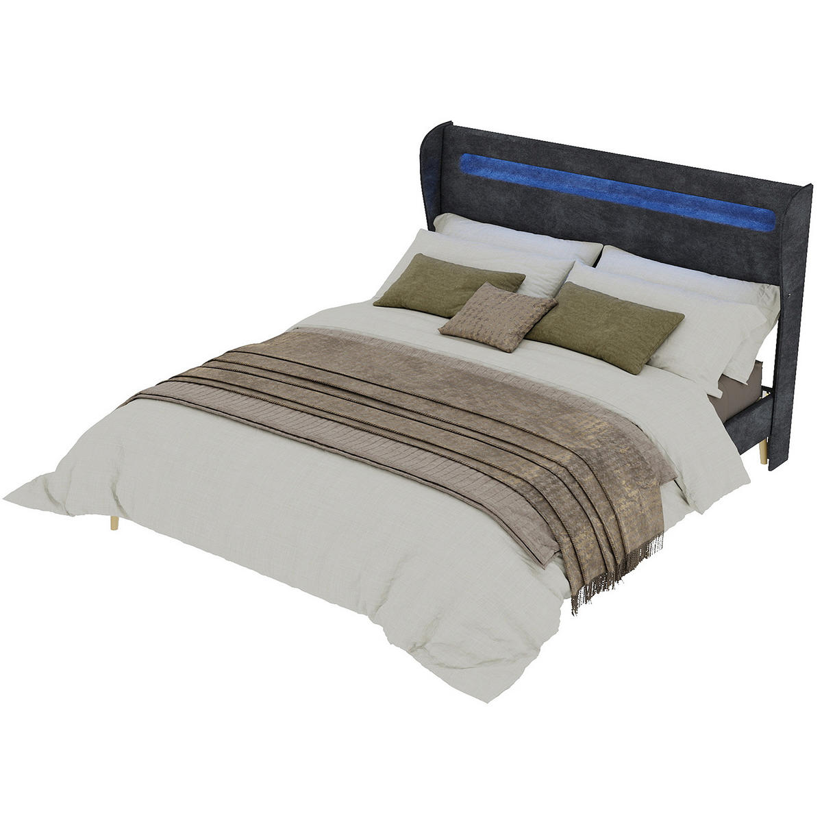 ČALOUNĚNÁ postel 160/200 cm šedá z látky a kovu s LED osvětlením a nastavitelným čelem - šedá, textil (160/200cm) - OKWISH