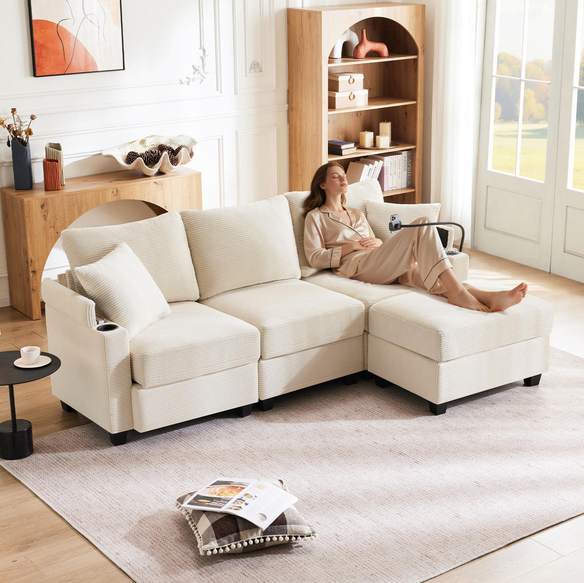 ECKSOFA 213,5/139/87 cm beige aus Cord mit USB-Anschluss und Hocker - Beige, Textil (139/213.5cm) - OKWISH