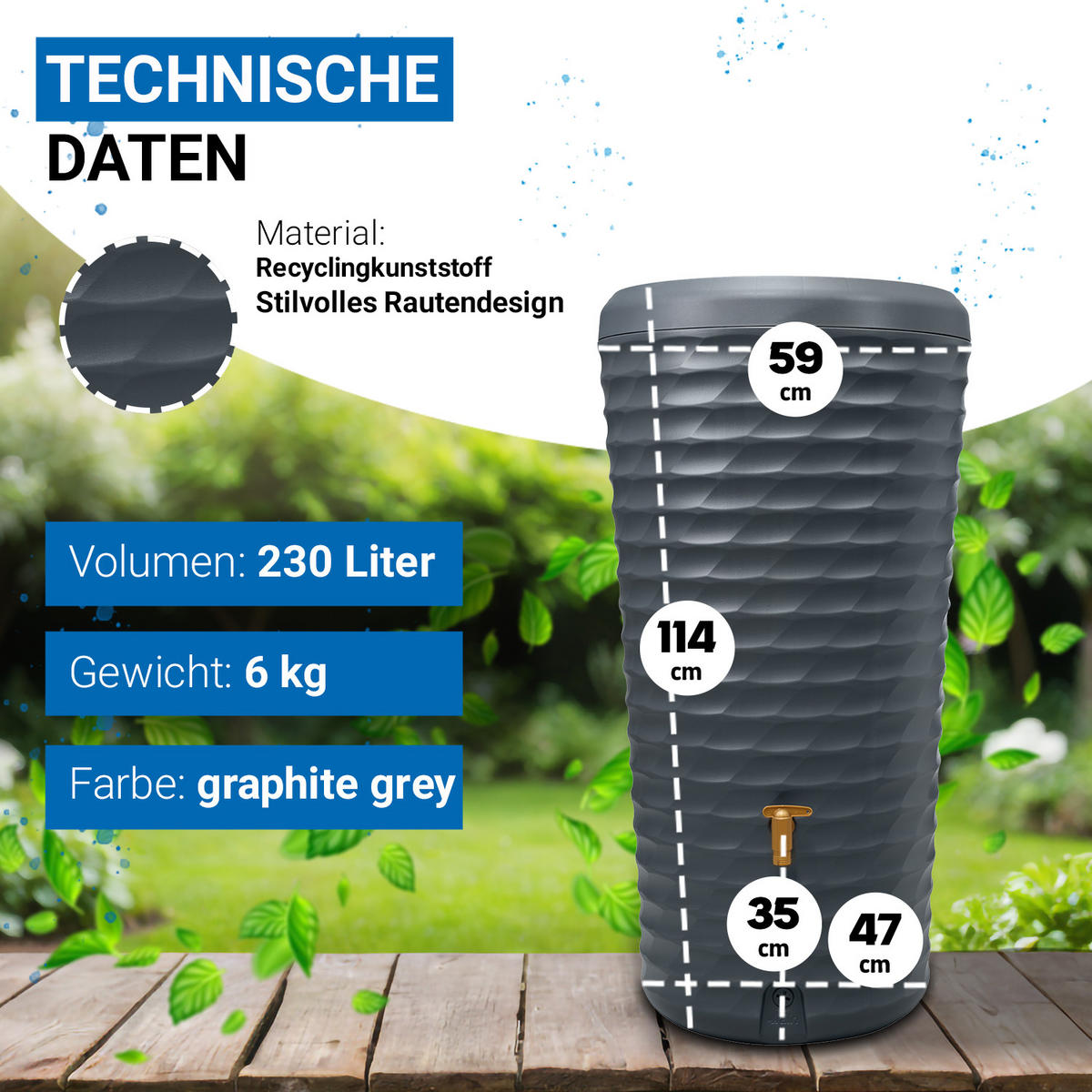 2IN1 Regentonne 230 L, graphite grey inkl. Pflanzschale - Grau, Kunststoff (59/114/60cm) - 4rain