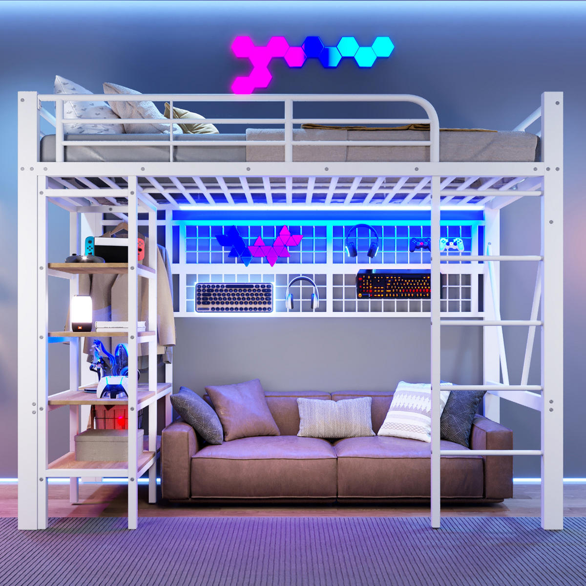 HOCHBETT 90/200 cm Weiß aus Metall und MDF mit LED-Lichtleiste - Weiß, Metall (90/200cm) - OKMYHOME