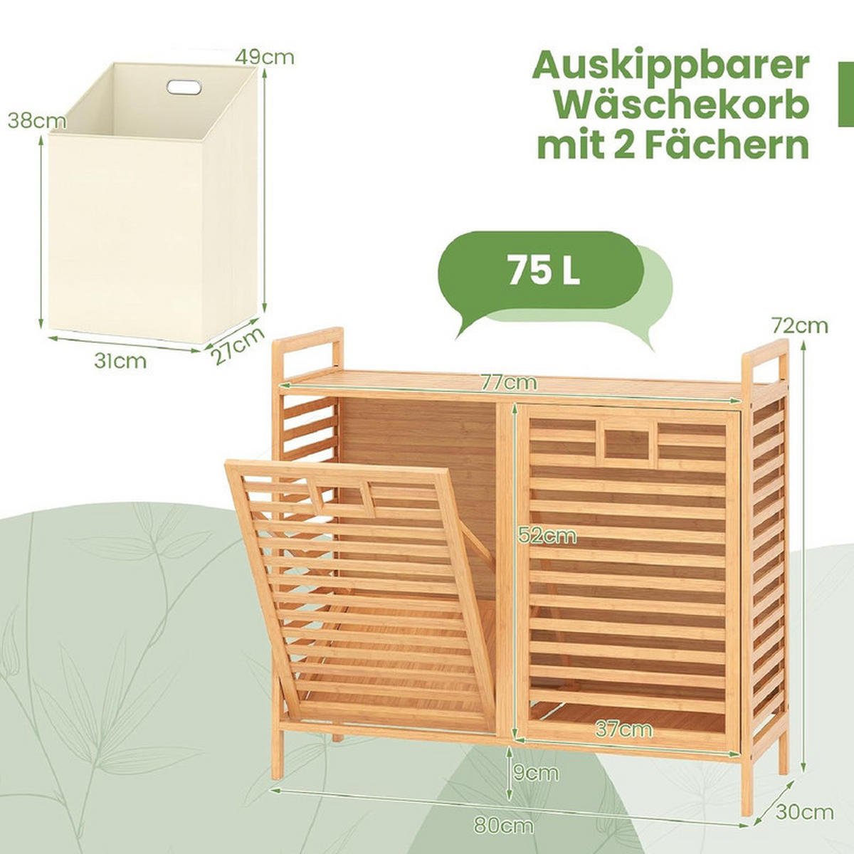 WÄSCHEKORB schwenkbar natur - Naturfarben, Naturmaterialien (80/72/30cm) - COSTWAY