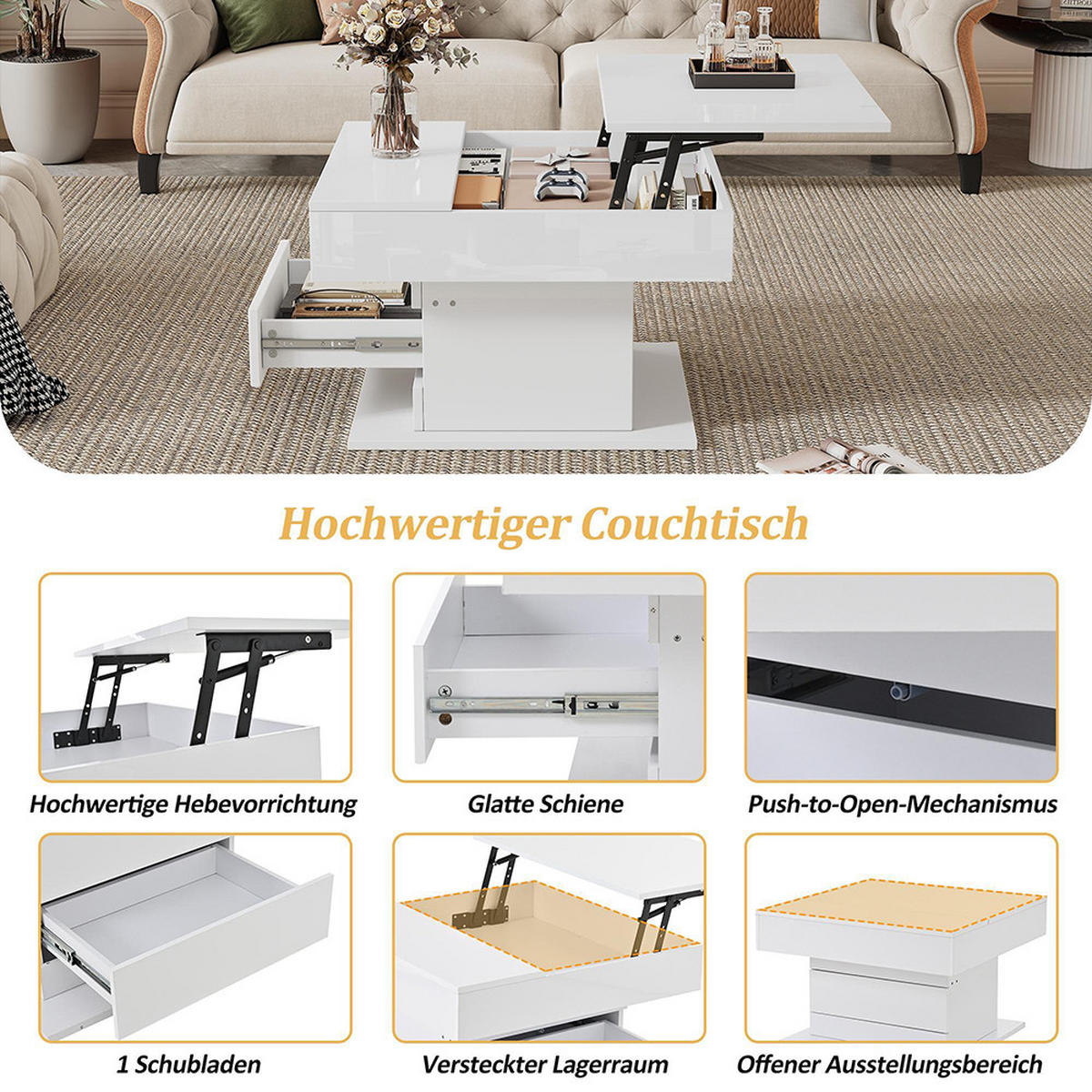 COUCHTISCH in 70x70x45cm, Obere Tischplatte 360° frei drehbar, Weiß - Weiß, Holzwerkstoff (70/70/45cm) - KOMHTOM