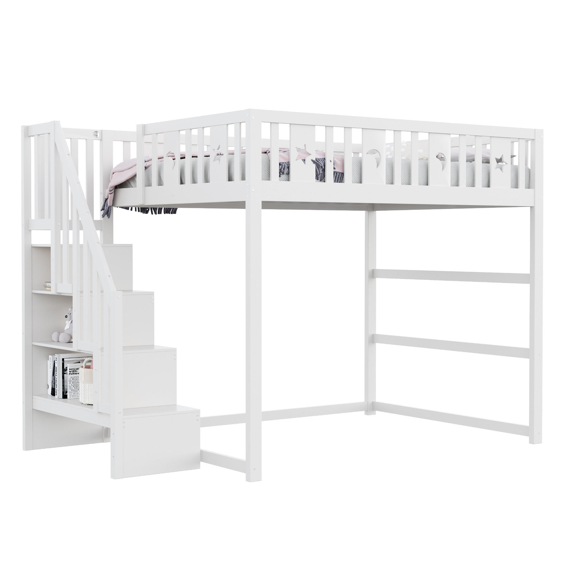 DĚTSKÁ vysoká postel 253/145/171 cm bílá s úložnými schody a policemi z masivního dřeva - bílá, dřevo (140/200cm) - OKWISH