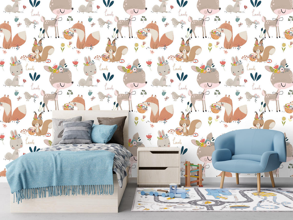 VLIESTAPETE Waldtiere und Blumen – Braun, Rosa, Grün, Weiß – 50x1000 cm - Braun/Rosa, Papier (50/1000cm) - Muralo