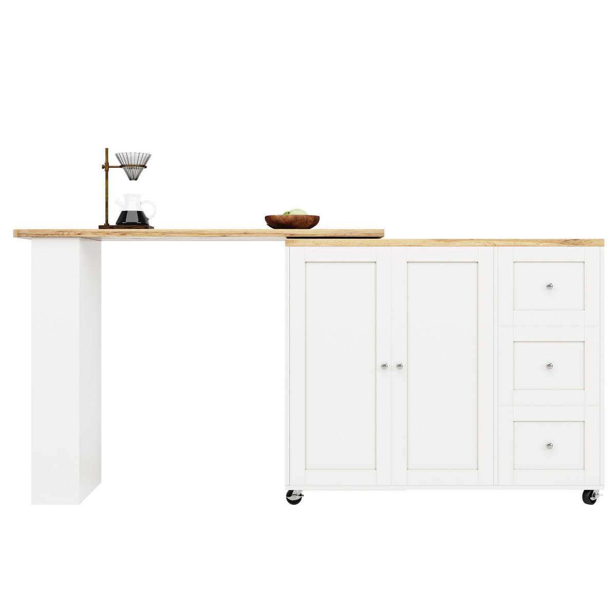 BARTISCH klappbar 135/39/106 cm in Weiß mit Rollen und Stauraum - Weiß, Holzwerkstoff (135/39/106cm) - BEAOK