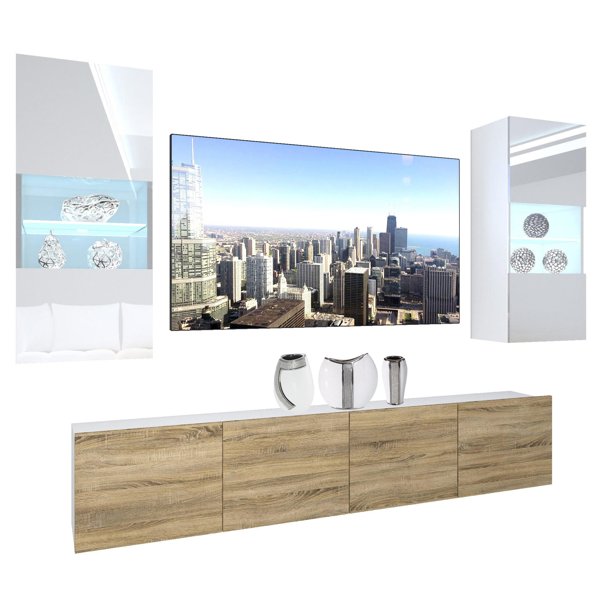 WOHNZIMMERWAND Schrankwand mit LED Weiß / Sonoma Eiche - Weiß/Sonoma Eiche, Holz (200/180/36cm) - B BELINI GROUP