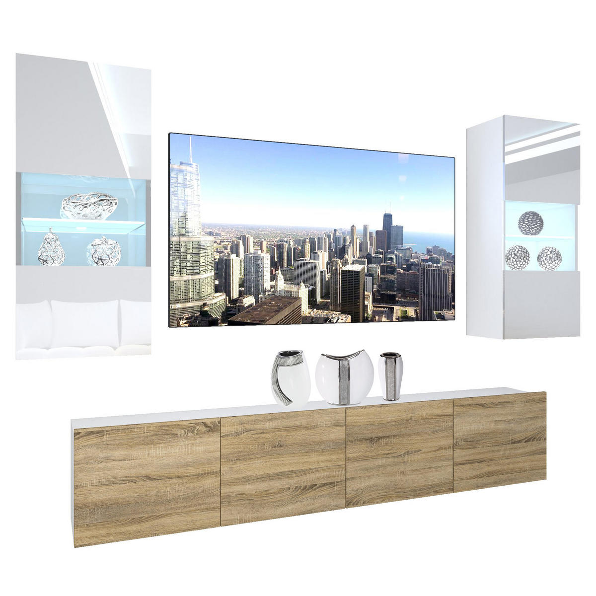 WOHNZIMMERWAND Schrankwand mit LED Weiß / Sonoma Eiche - Weiß/Sonoma Eiche, Holz (200/180/36cm) - B BELINI GROUP
