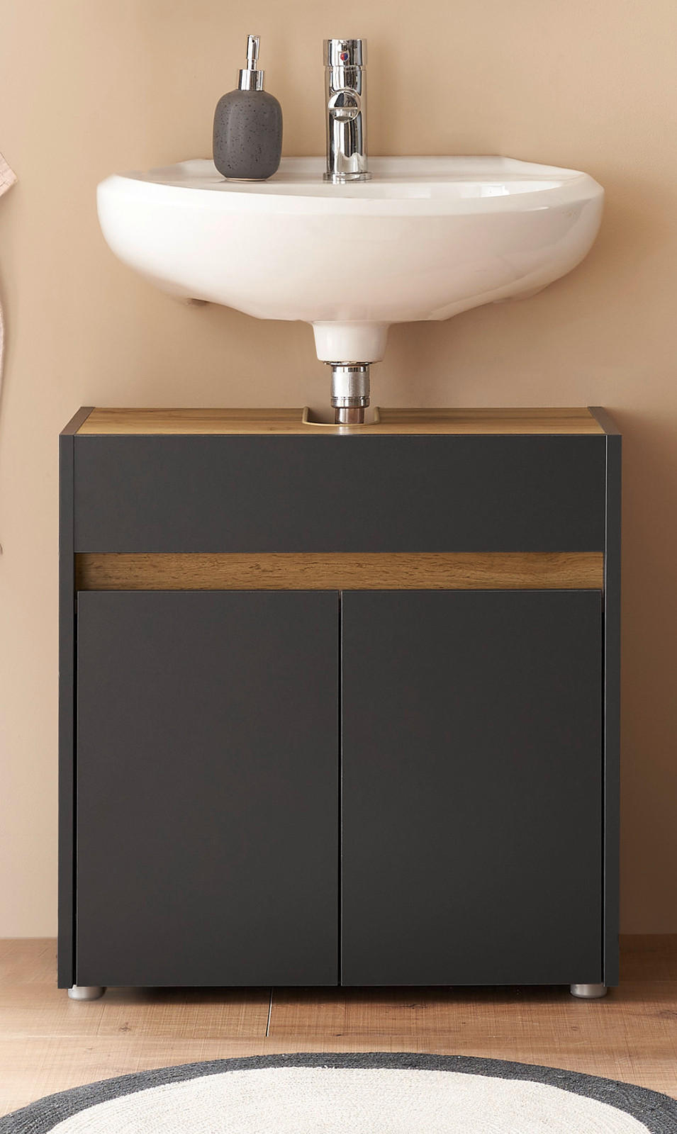 WASCHBECKENUNTERSCHRANK grau matt, Wotan Eiche, Badezimmer Unterschrank 60 cm - Eiche Wotan/Schwarz, Holzwerkstoff/Kunststoff (60/62/34cm) - Furn.Design