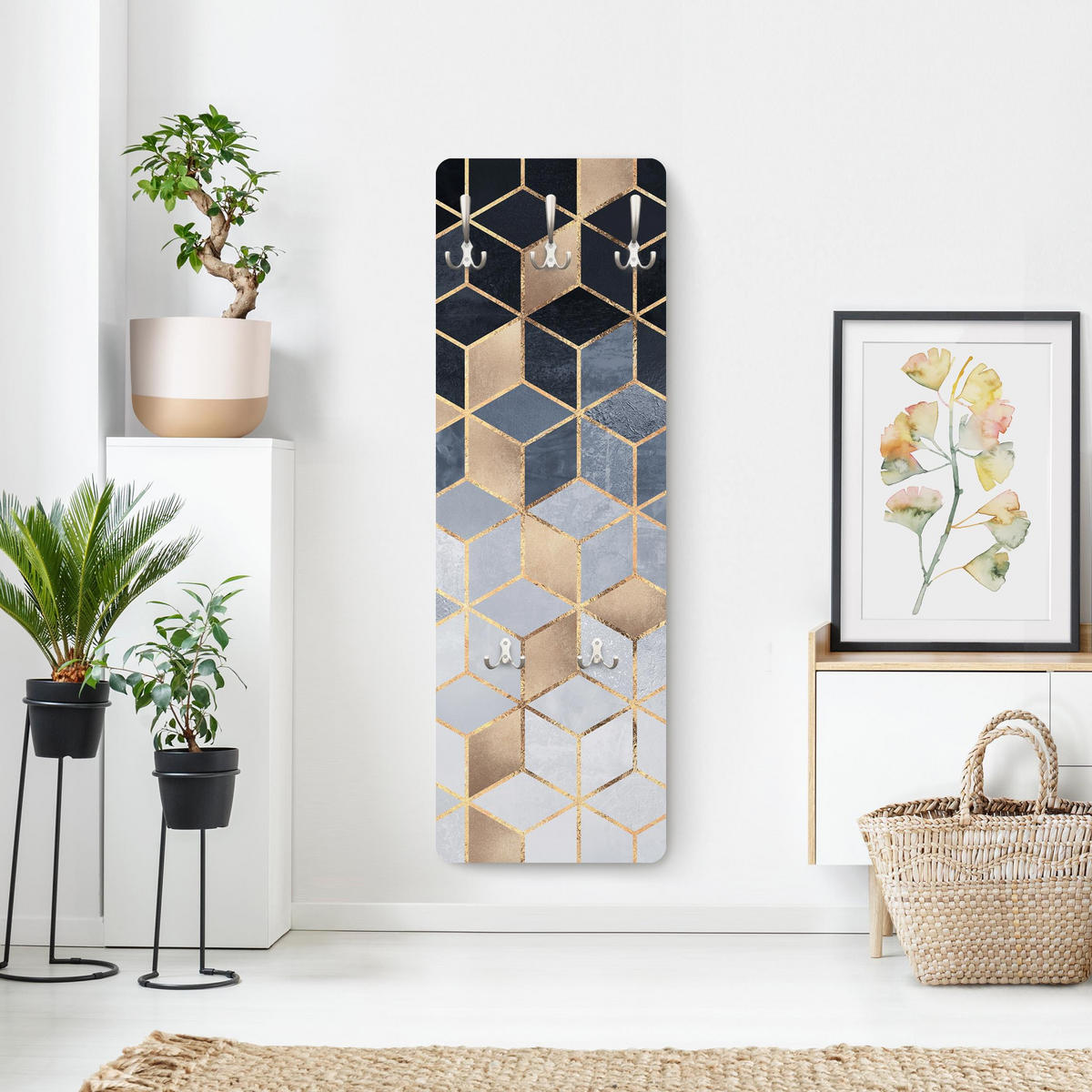 WANDGARDEROBE - Blau Weiß goldene Geometrie 34/105 cm - Goldfarben, Holzwerkstoff (34/105/1.6cm) - Bilderwelten