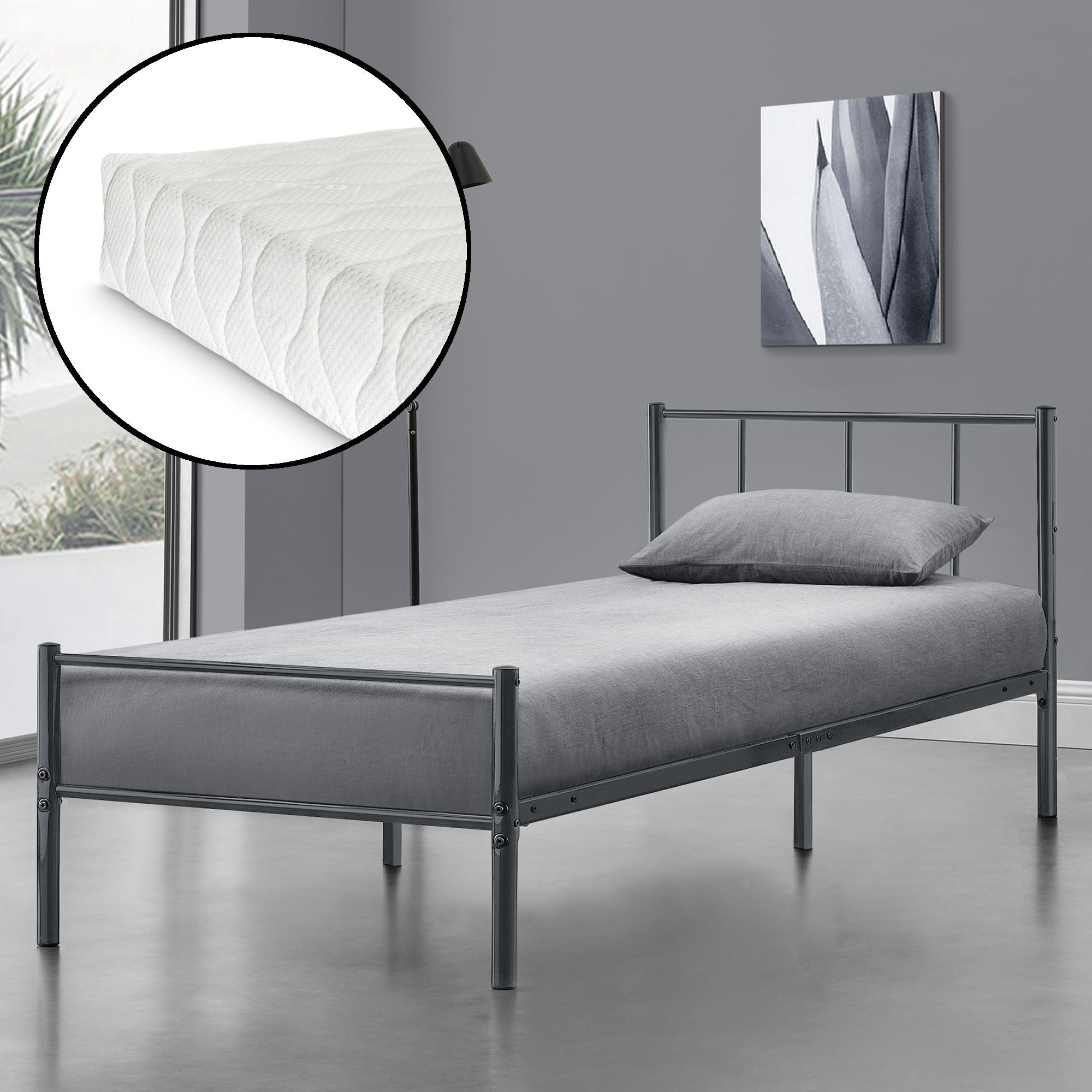 METALLBETT Laos mit Matratze - Dunkelgrau, Textil/Metall (90/200cm) - [en.casa]