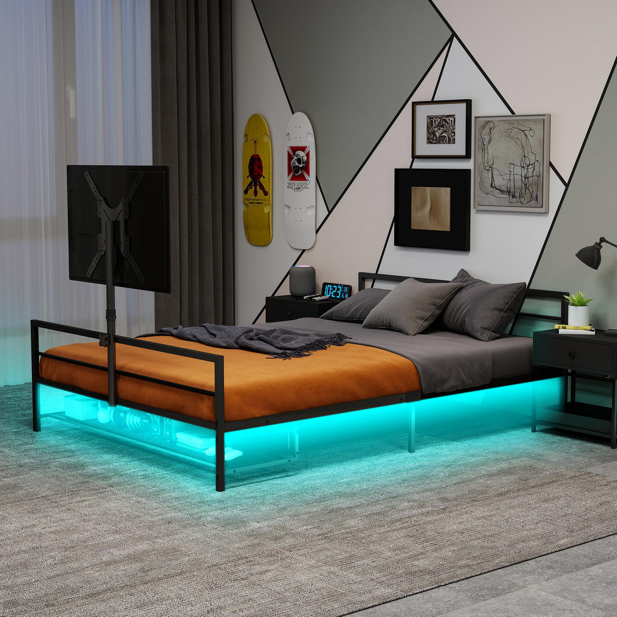 METALLBETT 90/200 cm in Schwarz mit LED, Halterung und Aufbewahrungskorb - Schwarz, Metall (90/200cm) - WISHDOR