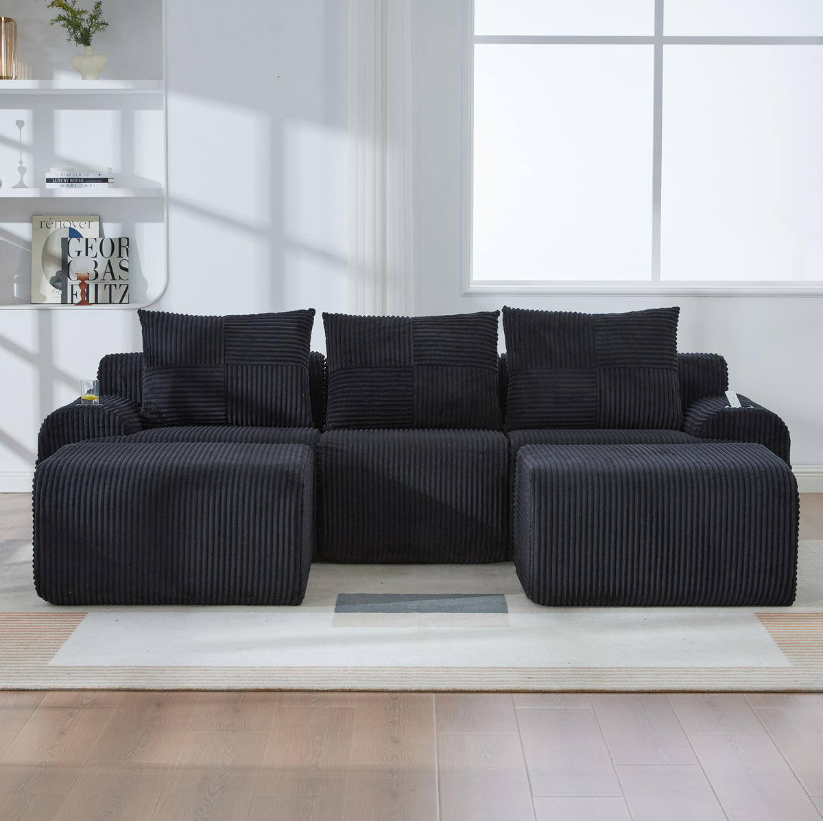 WOHNLANDSCHAFT 268/174/66 cm in Schwarz, modular mit 2 Hockern und Cupholder - Schwarz, Textil (174/80/268cm) - Flora Grace