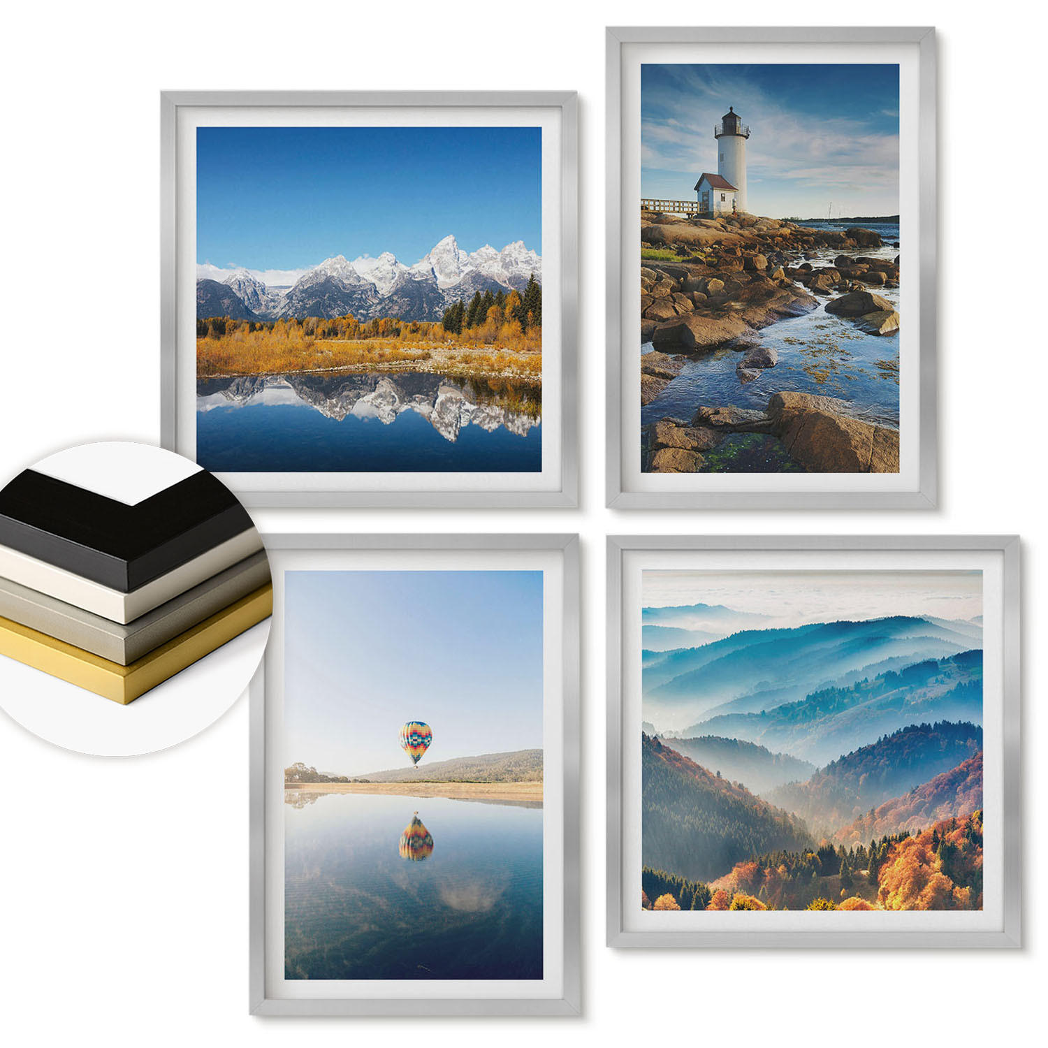 WANDBILDER 4er Set - 50x50 cm & 40x60 cm Silberner Rahmen - Ausblicke auf die Natur, Leuchtturm, Berge - Silberfarben, Kunststoff (50/50cm) - ArtPrintCave