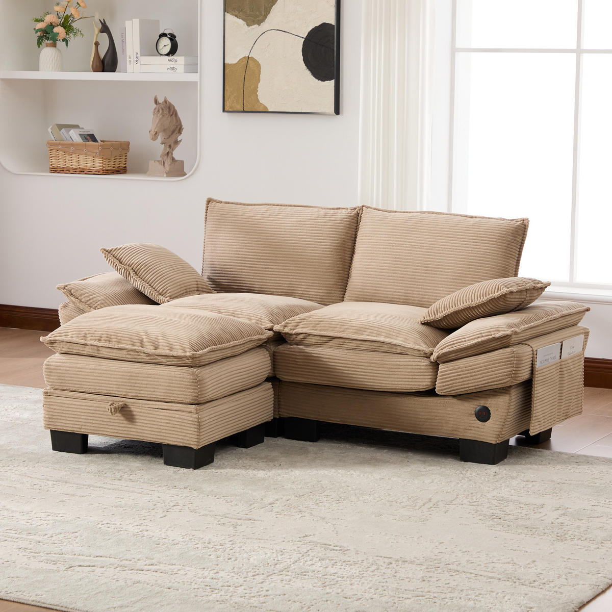 2-SITZER Sofa aus Corduroy 190x132x84 cm mit Hocker & USB-C, beige - Beige, Textil (132/84/190cm)