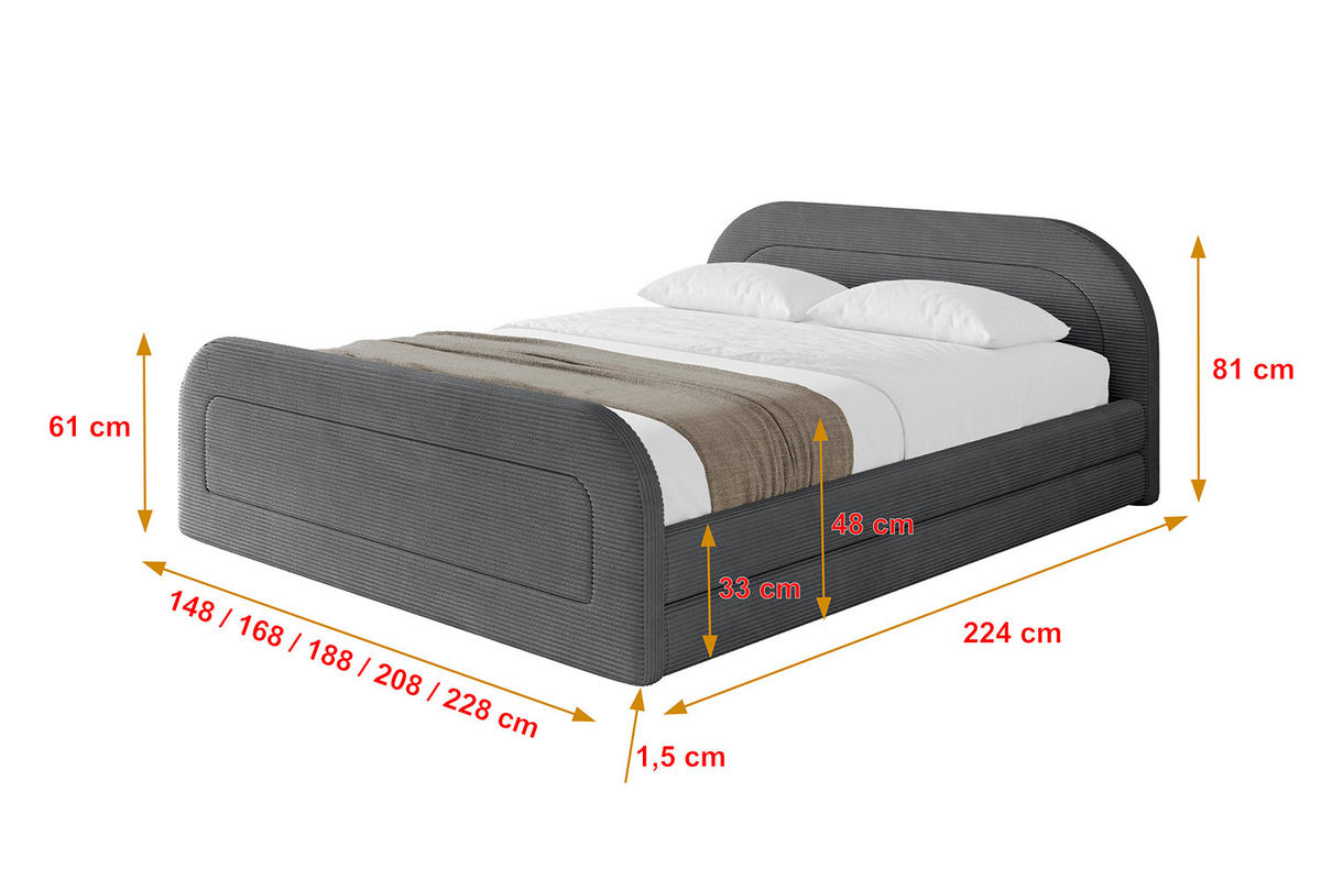 POLSTERBETT mit Bettkasten, Fußteil und Lattenrost, Boxbett mit Matratze H3/H4 - LERIS-v1-Z 180x200 Dunkelgrau - Anthrazit, Holzwerkstoff/Textil (180/200cm) - ALTDECOR