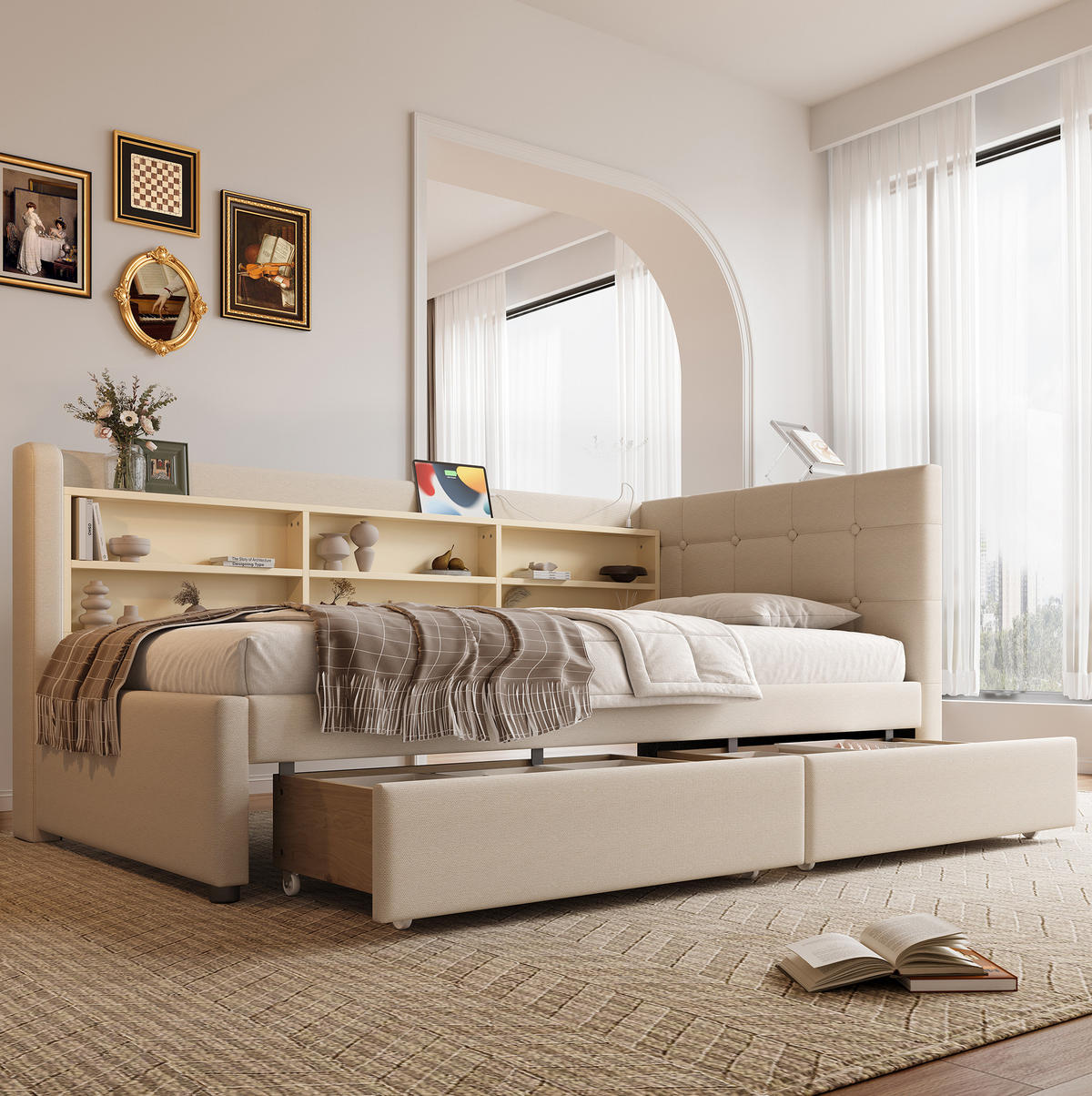 POLSTERBETT 90/200 cm Beige aus Leinen mit 2 Schubladen - Beige, Textil (90/200cm) - OKMYHOME