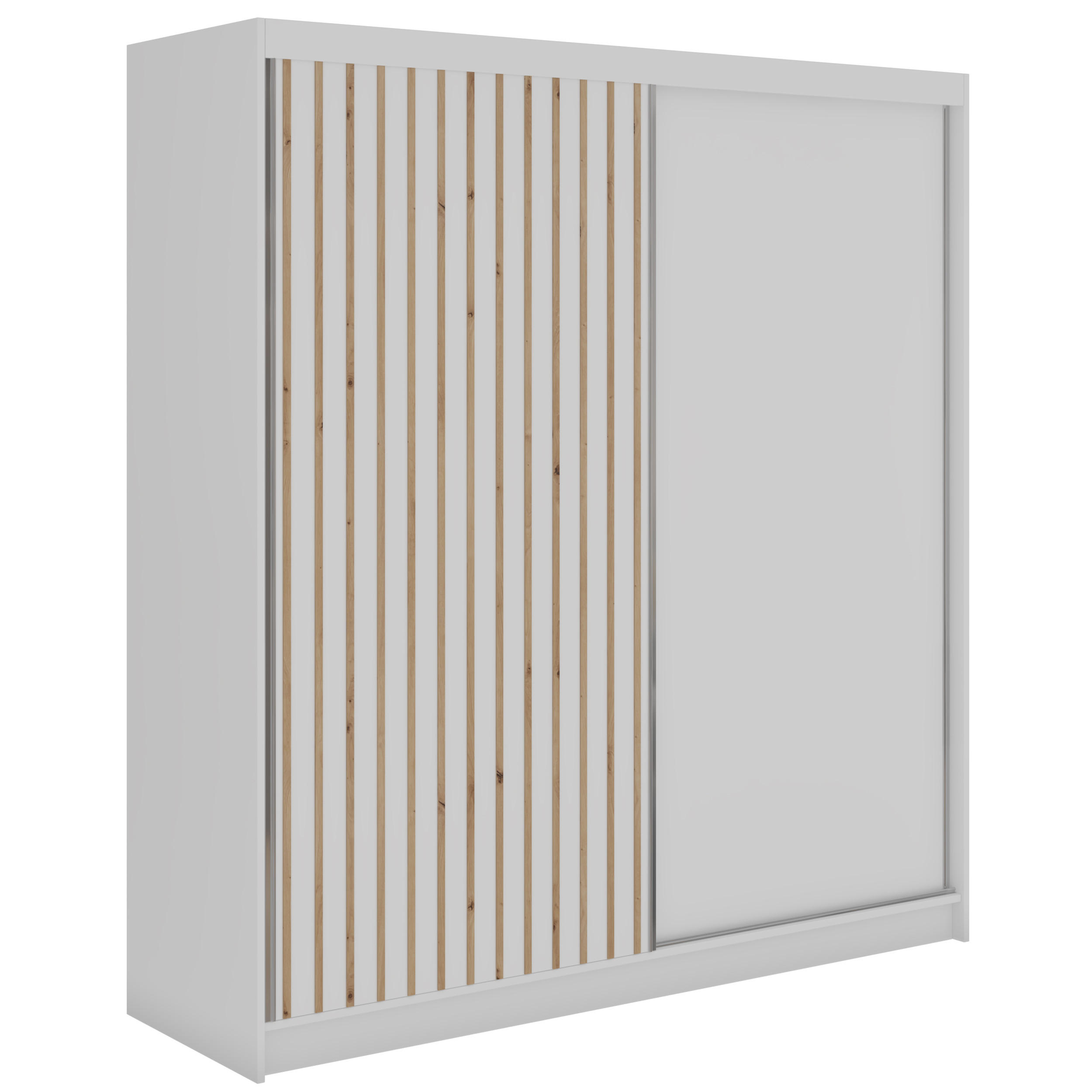 SCHWEBETÜRENSCHRANK mit Lamellen LUMOS - 200 - Weiß und Eiche Artisan - Alufarben/Weiß, Holzwerkstoff/Metall (200/216/61cm) - MKS