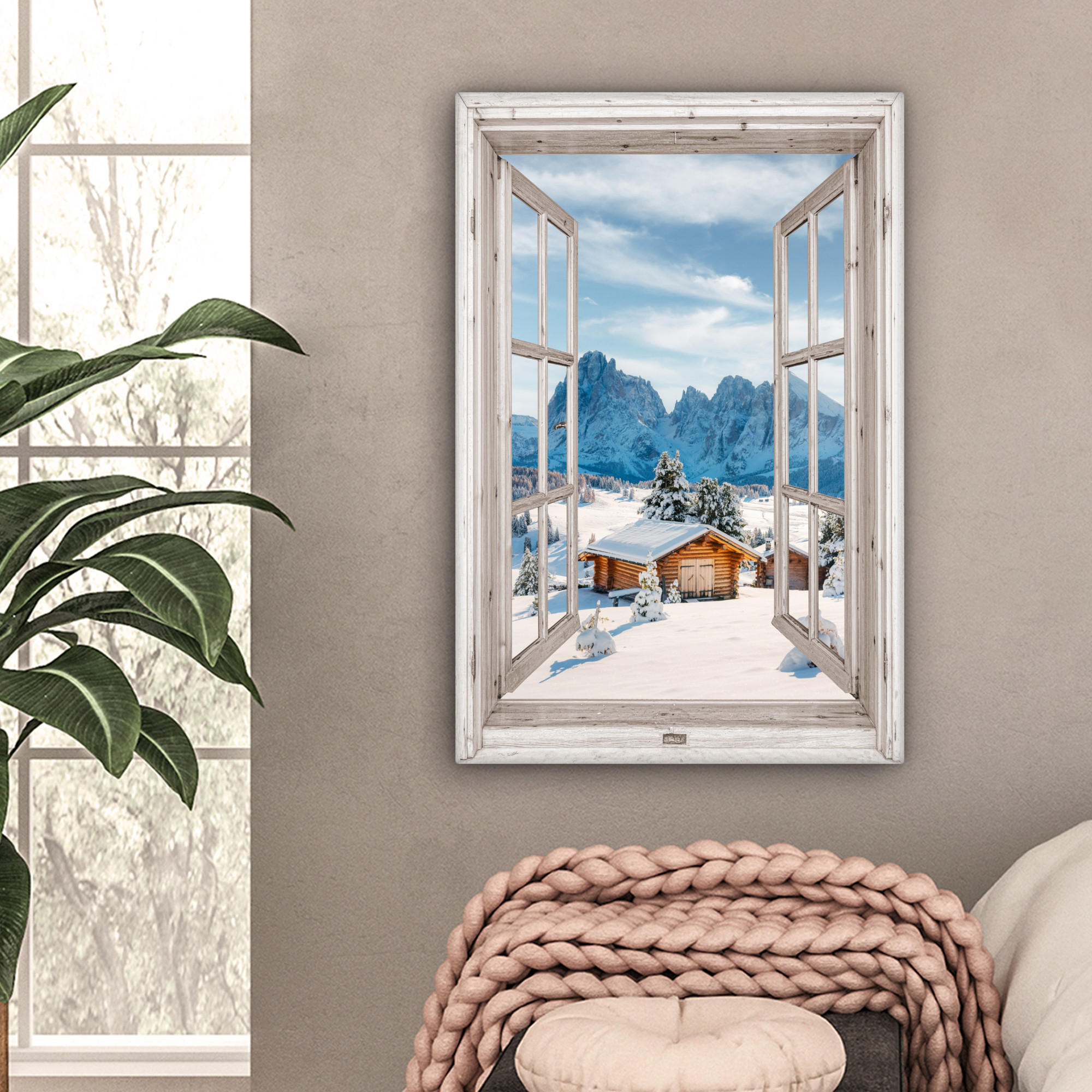 LEINWANDBILD Winterlandschaft - Hütte - Berge - Ausblicke - Aussicht - Natur 40x60 cm - Weiß Hochglanz, Textil (40/60cm) - MuchoWow