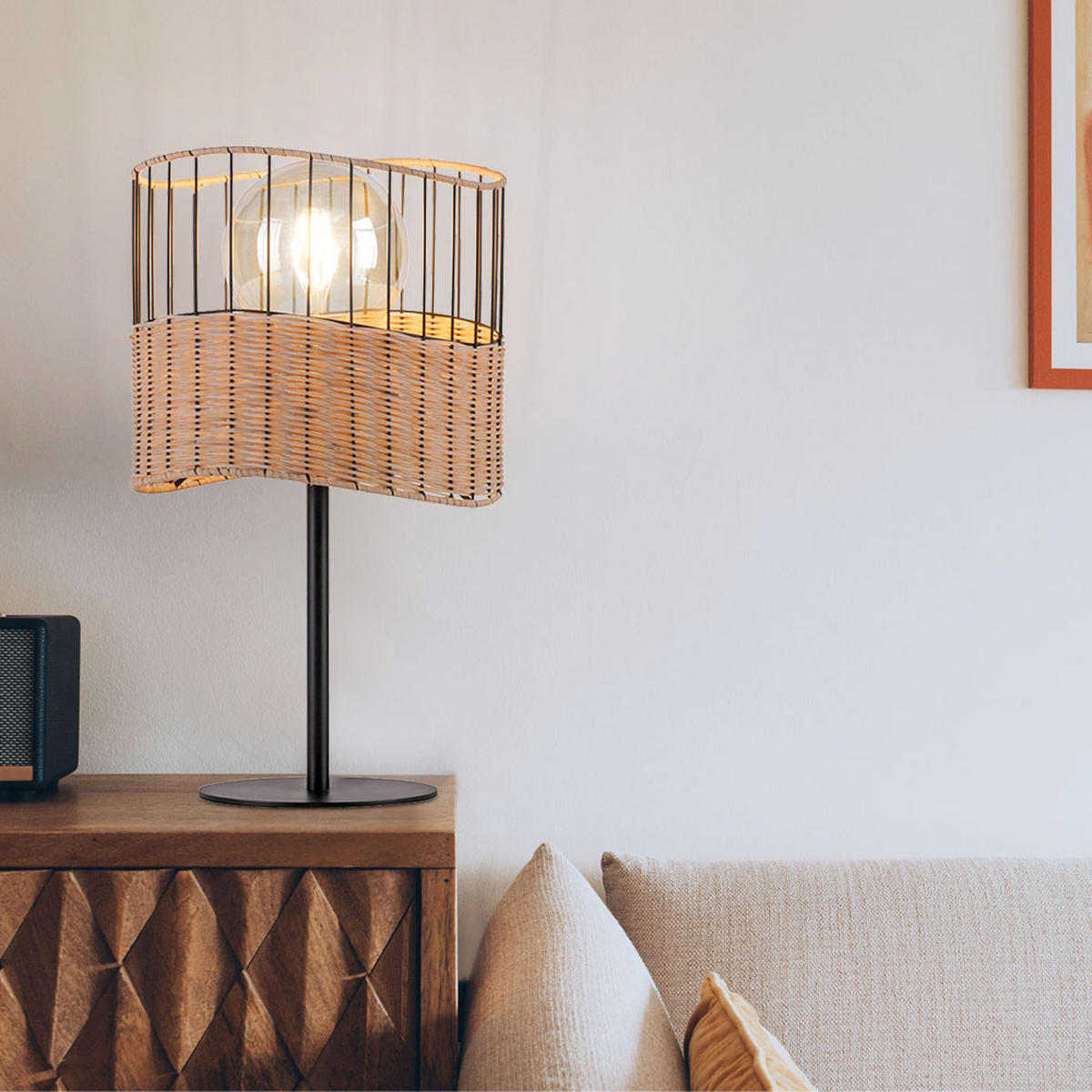 LED TISCHLEUCHTE Metall Schwarz Holzgeflecht - Schwarz, Holz (25/25/42cm)