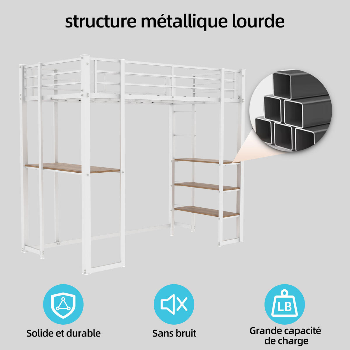 HOCHBETT 90/190 mit Schreibtisch, beidseitigen Leitern und Stauraum - Weiß, Holzwerkstoff/Metall (90/200cm) - EVRYAE