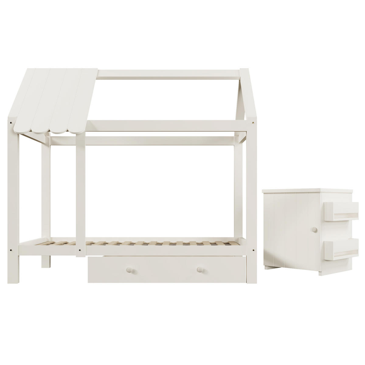 HAUSBETT 90/200 cm aus Massivholz Weiß mit Schubladen und abnehmbarem Nachttisch - Weiß, Holzwerkstoff (90/200cm) - OKWISH