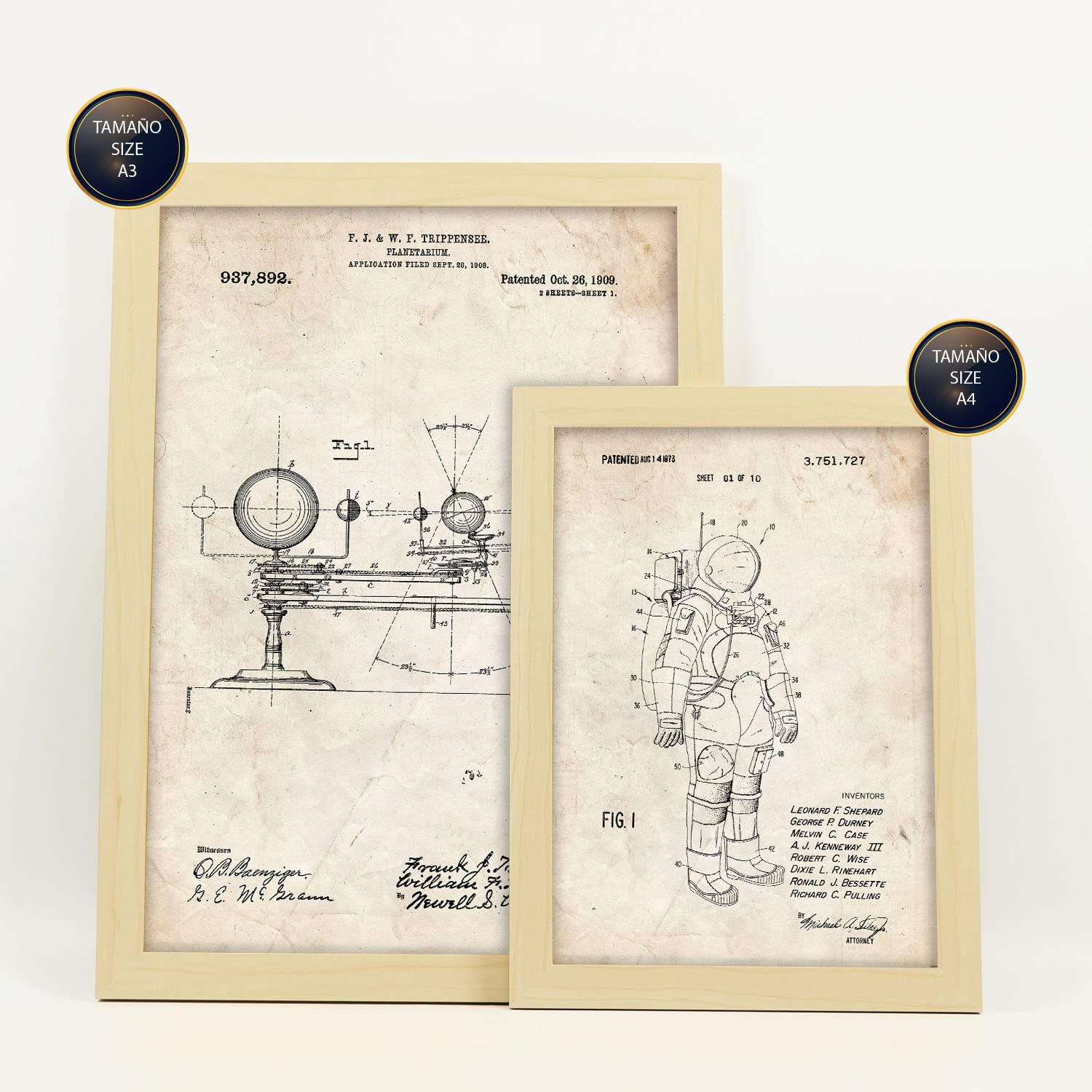 POSTER Set Mit 6 Plakaten Mit Astronaut Patenten Im Vintage Stil A3 & A4 Rahmen Aus Hellem Holz - Beige, Papier (29/3cm) - Nacnic