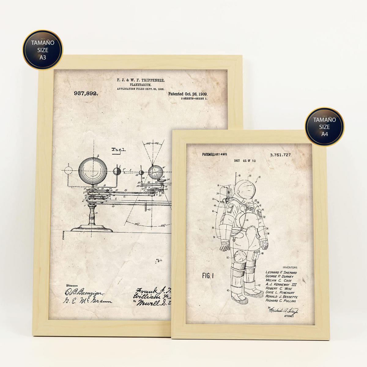 POSTER Set Mit 6 Plakaten Mit Astronaut Patenten Im Vintage Stil A3 & A4 Rahmen Aus Hellem Holz - Beige, Papier (29/3cm) - Nacnic