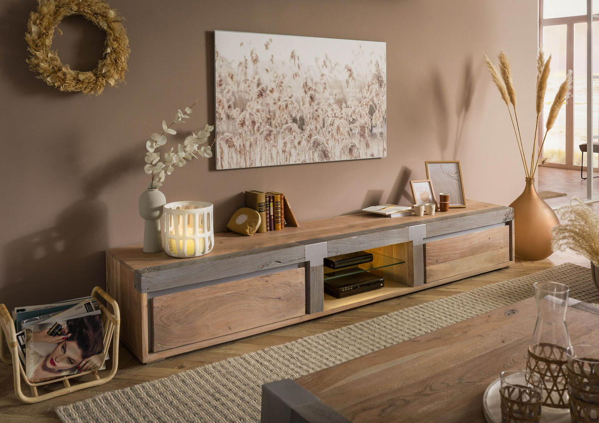 TV-BOARD Akazie 240x48x39 beige lackiert Amsterdam #104 - Beige, Holz (240/39/48cm) - Massivmoebel24
