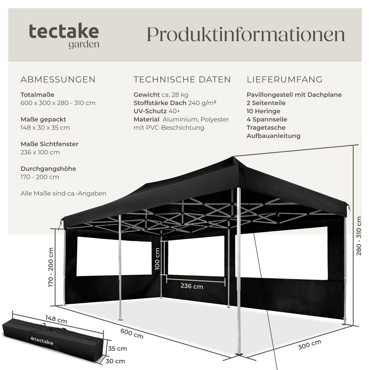 PAVILLON Viola,inklusive Spannseilen, Heringen und Tragetasche,schwarz - Schwarz, Kunststoff (300/280/600cm) - tectake