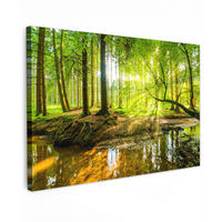 LEINWANDBILD Wald - Landschaft - Wasser - Bäume - Sonne - Grün - Natur XXL 150x100 cm - Grün, Textil (150/100cm) - MuchoWow