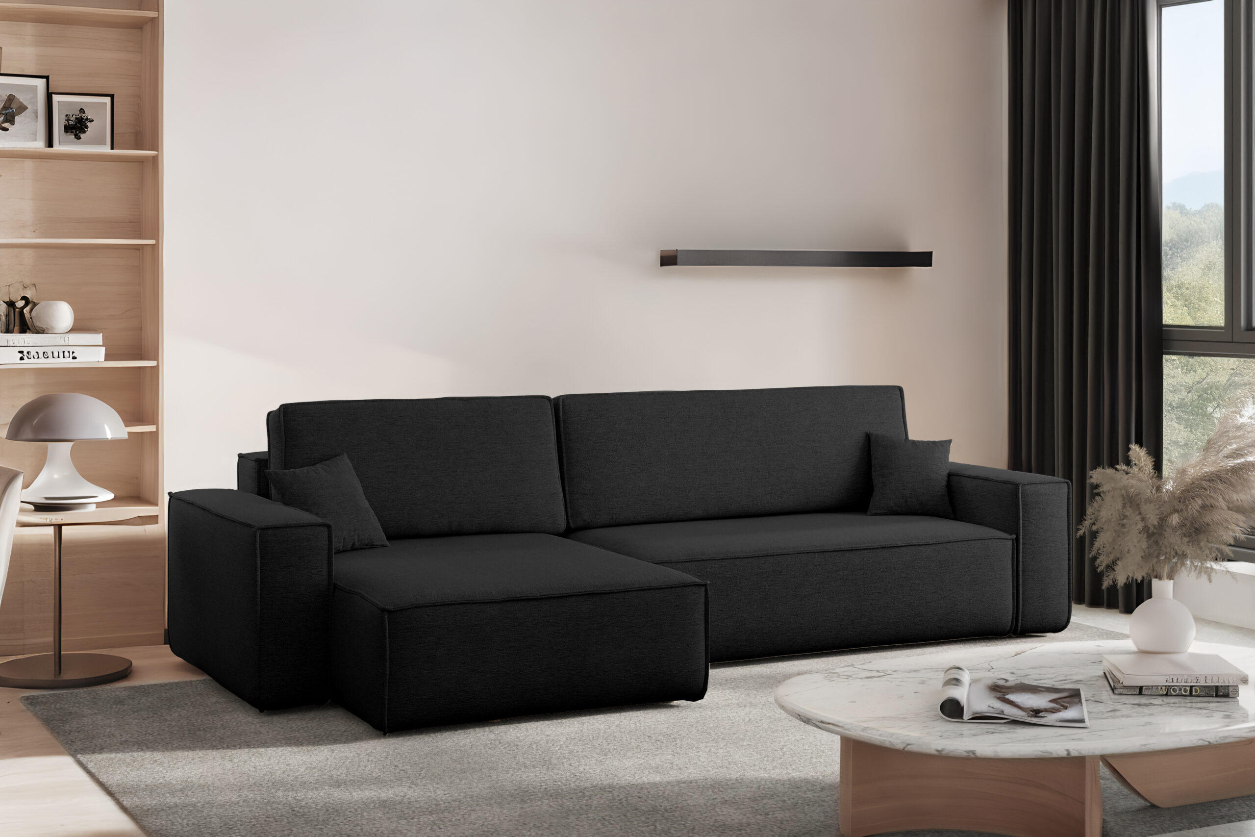 ECKSOFA Mit Schlaffunktion Und Bettkasten, Eckcouch Best XL Stoff Verita Schwarz Links - Schwarz, Holz (145/274cm) - Kaiser Möbel