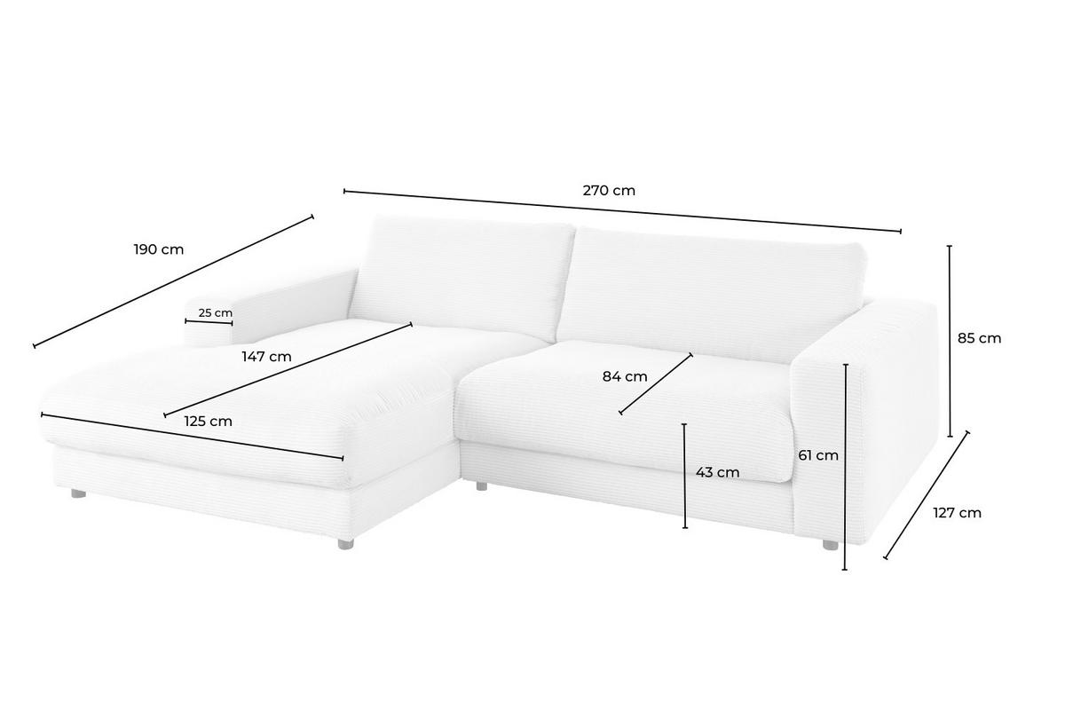 ECKSOFA MADELINE Cremeweiß Cord - Creme/Schwarz, Kunststoff/Textil (270/190cm) - KAWOLA