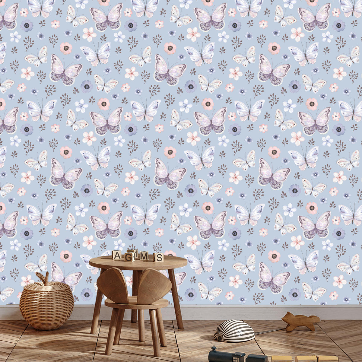 VLIESTAPETE Schmetterlinge und Wiesenblumen – Lila, Rosa, Weiß – 50x1000 cm - Lila/Rosa, Papier (50/1000cm) - Muralo