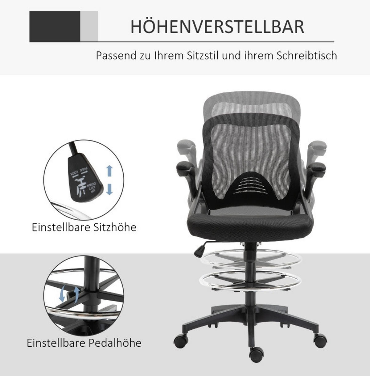 DREHSTUHL 64/60/106-126 cm schwarz aus Kunststoff mit Stehfunktion - Schwarz, Kunststoff (60/126/64cm) - OKWISH