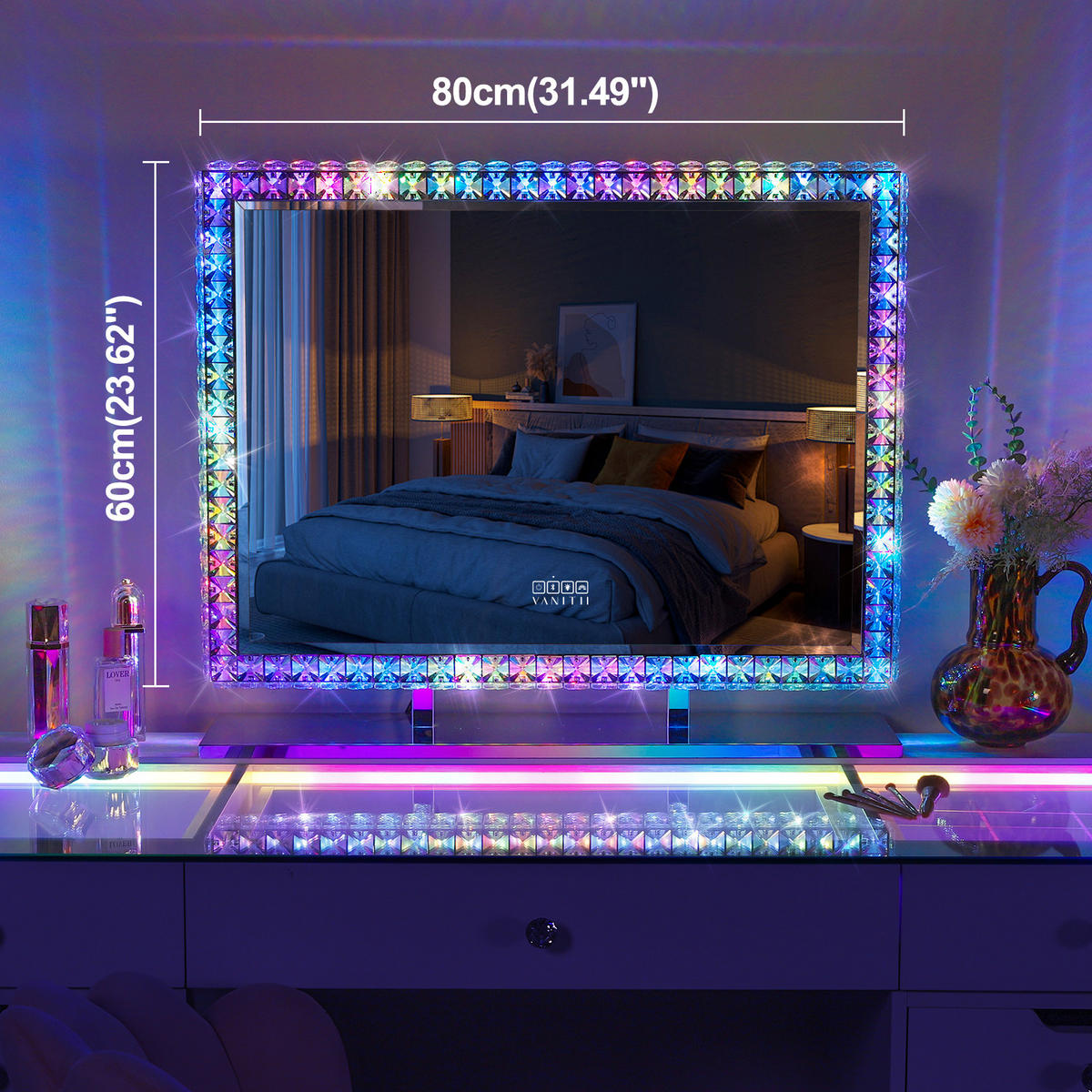 SCHMINKSPIEGEL mit Beleuchtung LED Lichtleiste, rundum mit Strasssteinen besetzt, weiß, 80/60 cm - Weiß, Metall (80/60/10cm) - VANITII