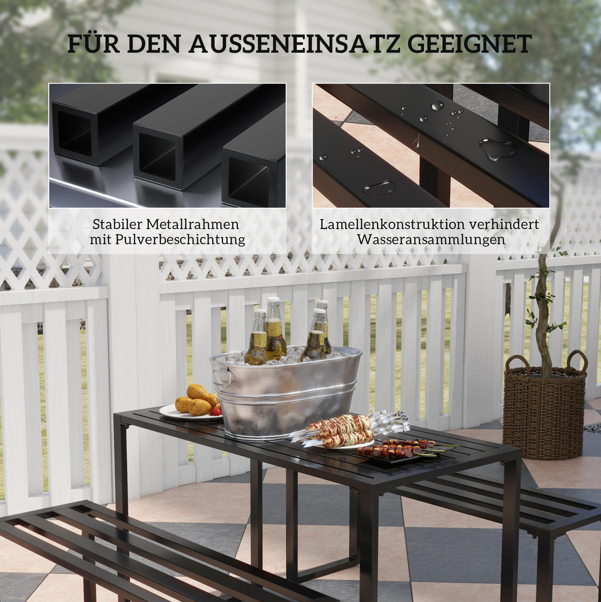 GARTENSET aus Metall 110x55x70 cm Schwarz 3-teilig mit Tisch und 2 Bänken, wetterbeständig - Schwarz, Metall - Modfu