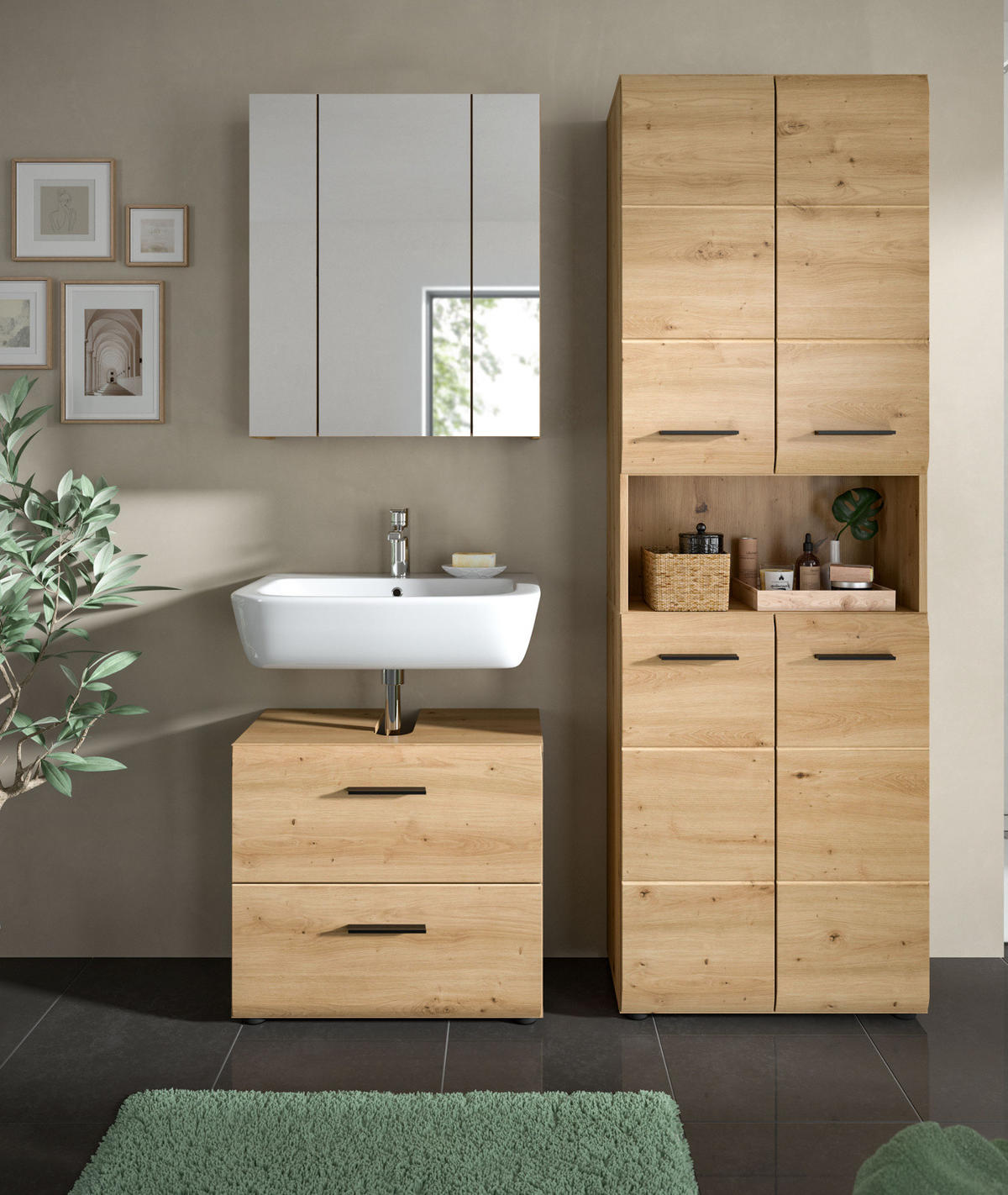 BADMÖBEL SET 3-teilig in Artisan Eiche, Badkombination 135 x 185 cm, Cover - Schwarz/Eiche Artisan, Glas/Holzwerkstoff (135/185/30cm) - Inn.Furn