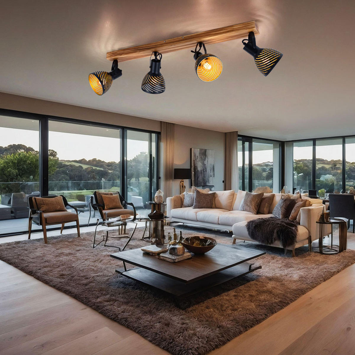 DECKENLEUCHTE Holz Metall Braun Schwarz Gold - Braun, Holz (80/12.5/25cm) - Globo Lighting