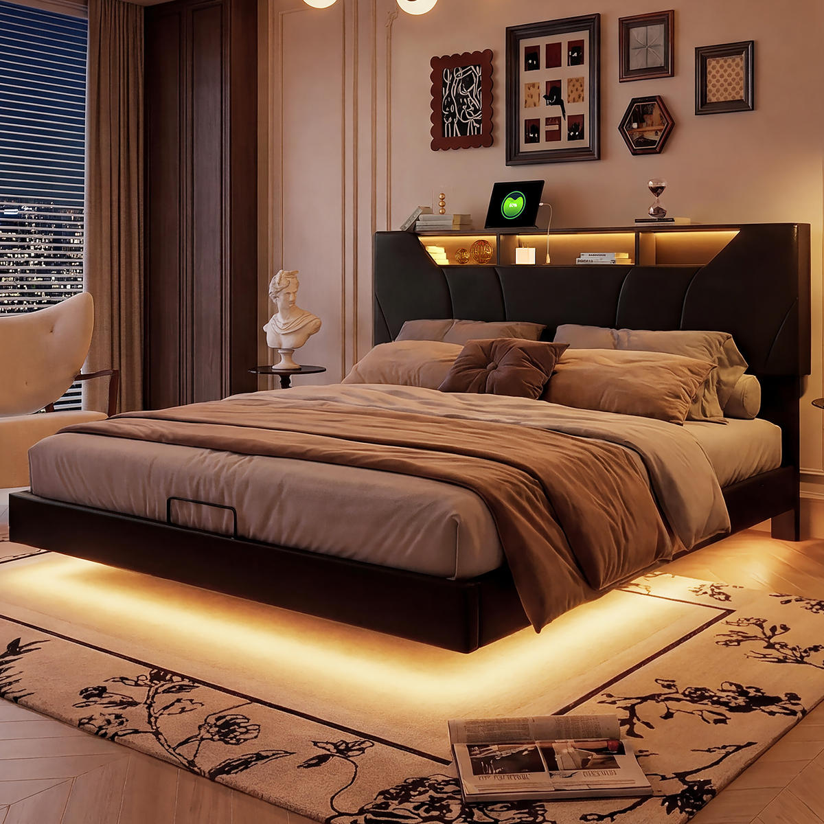 POLSTERBETT 140x200 cm in Schwarz,Bett mit höhenverstellbarem Kopfteil und LED - Schwarz, Holz/Metall (140/200cm) - PARAFTA HOME