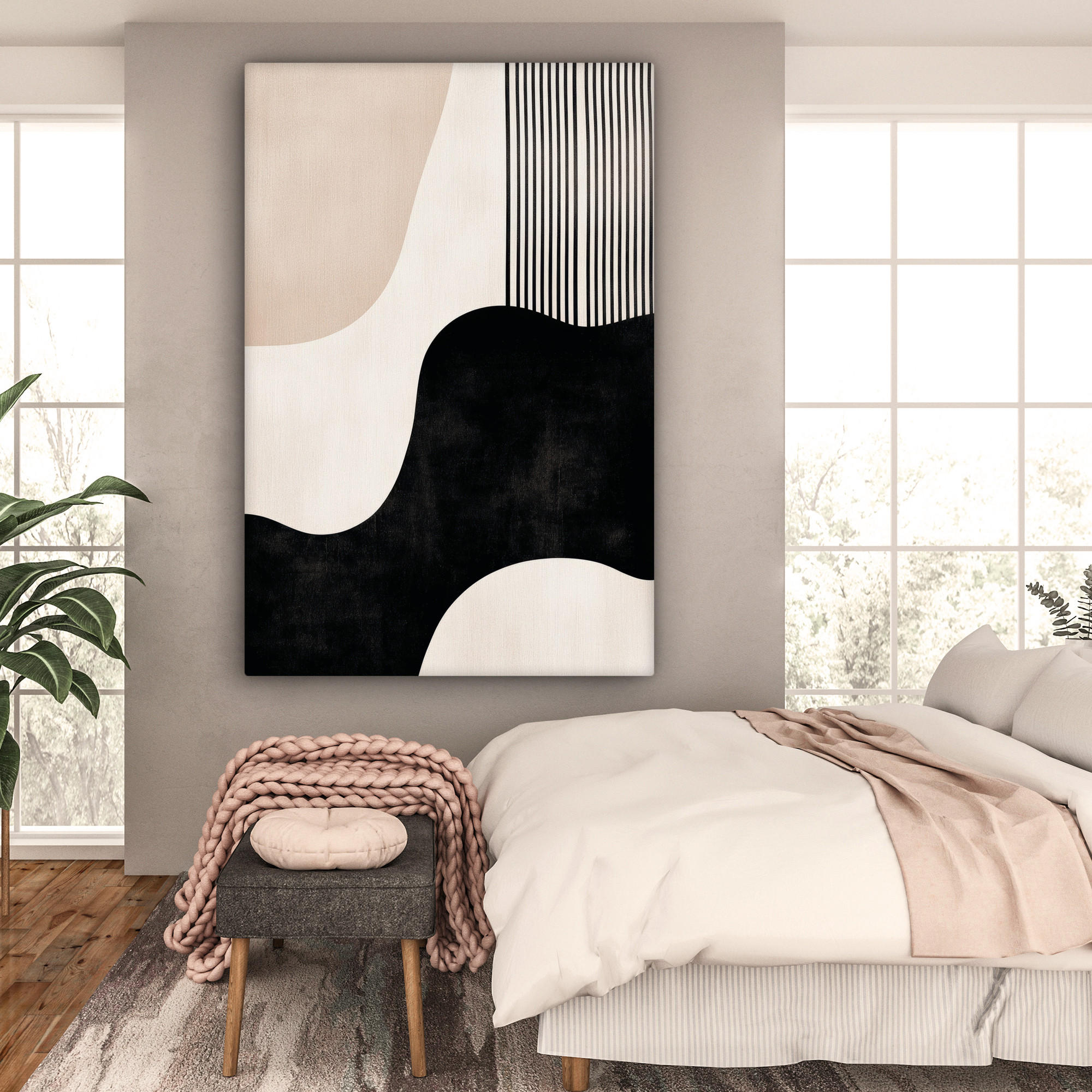 LEINWANDBILD Abstrakt - Japandi - Beige - Modern 90x140 cm - Schwarz, Textil (90/140cm) - MuchoWow