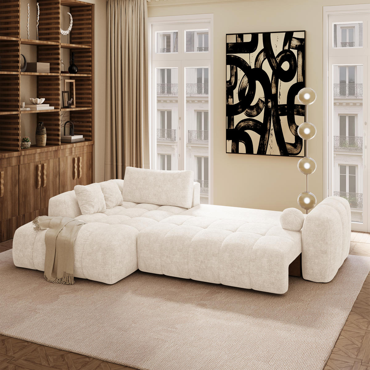 LINKSECK-SCHLAFSOFA mit Stauraum SKY Geprägter Samt Creme 310cm - Creme, Textil (310/180cm) - Premium Interiors