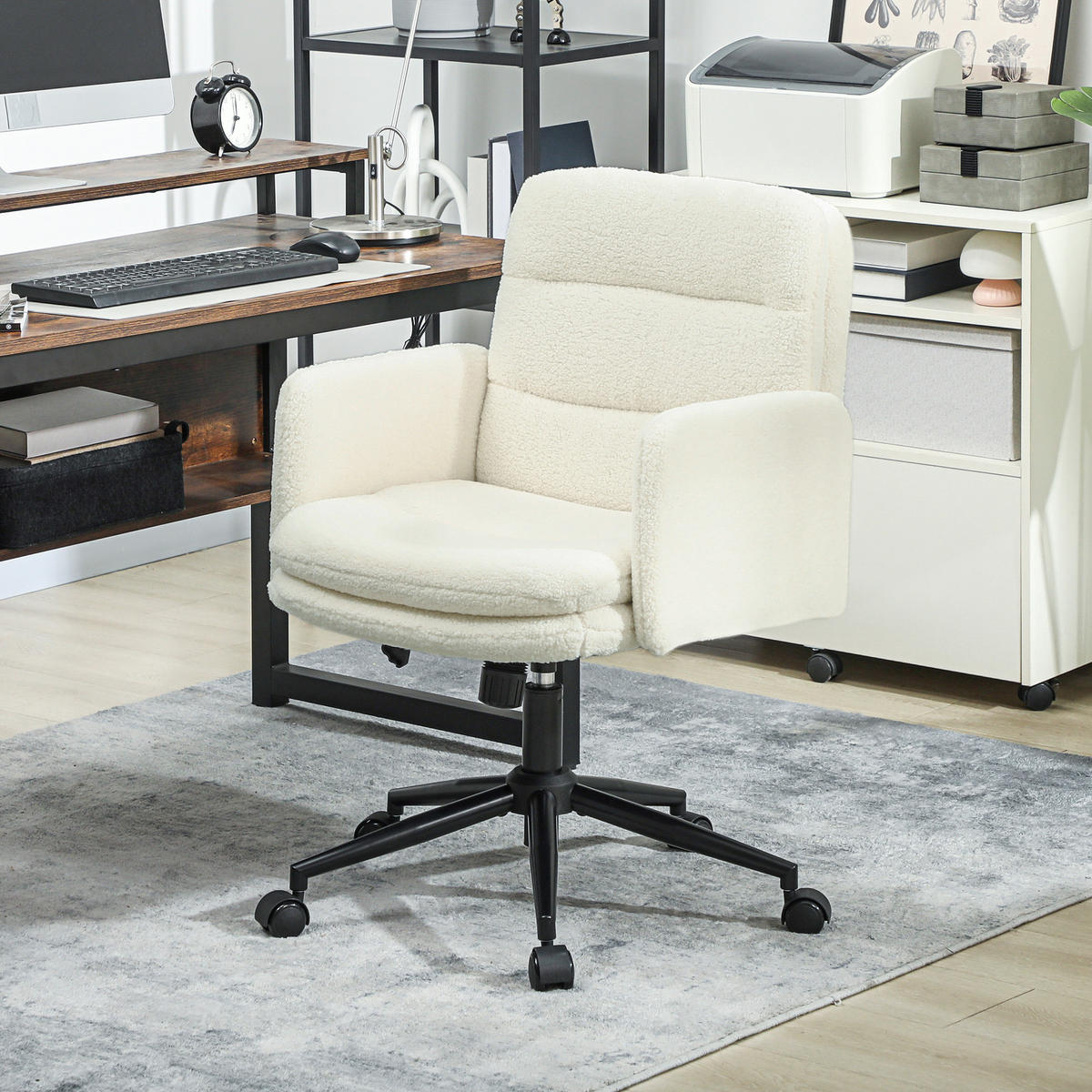 SCHREIBTISCHSTUHL höhenverstellbar Homeoffice Stuhl mit Bouclé-Optik, Cremeweiß - Creme/Schwarz, Textil/Metall (61.5/101/65cm) - HOMCOM