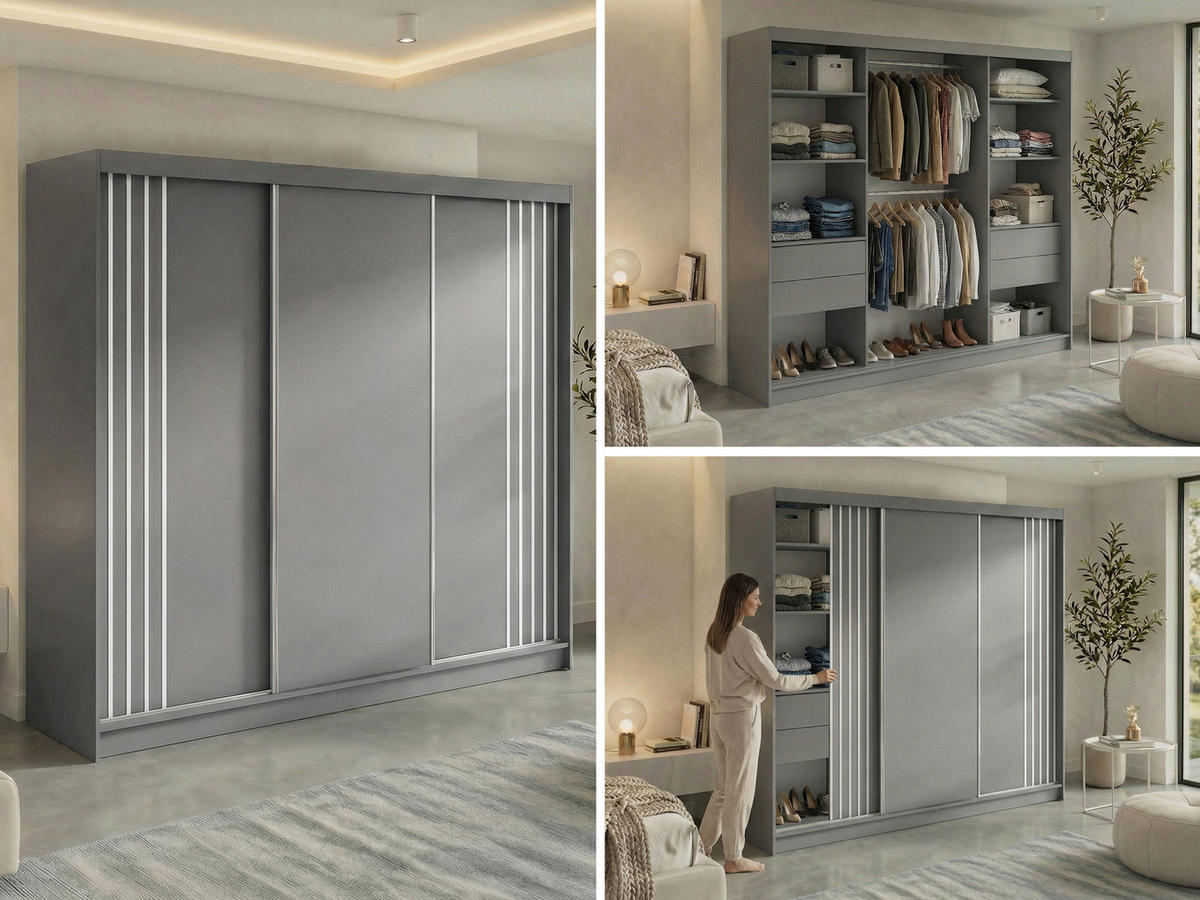 SCHWEBETÜRENSCHRANK mit Lamellen und Schubladen NAURU - 240 - Grau und Weiß - Alufarben/Weiß, Holzwerkstoff/Metall (240/216/61cm) - MKS