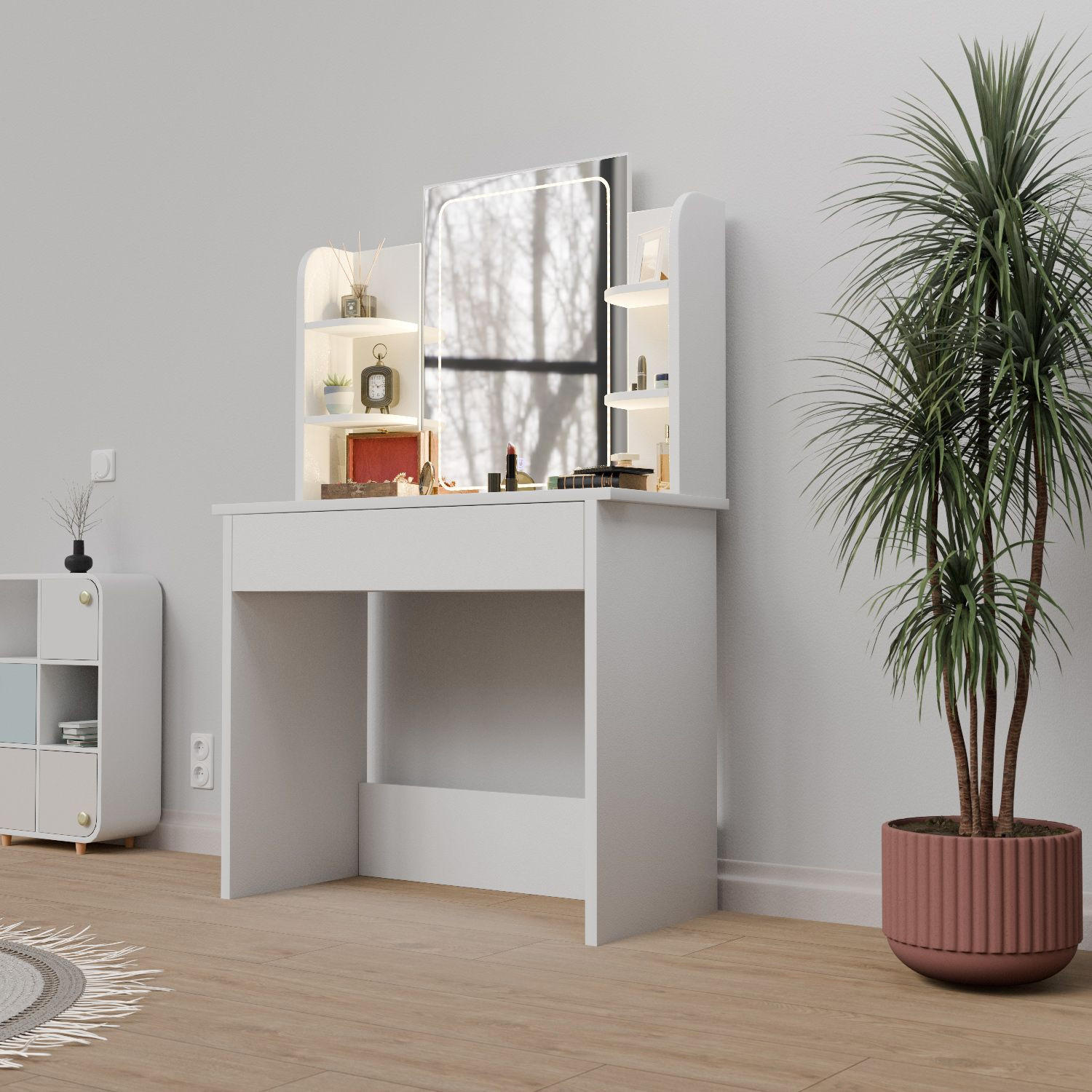 SCHMINKTISCH Zoey mit LED-Spiegel - Weiß, Holz (40/140/90cm) - Juskys