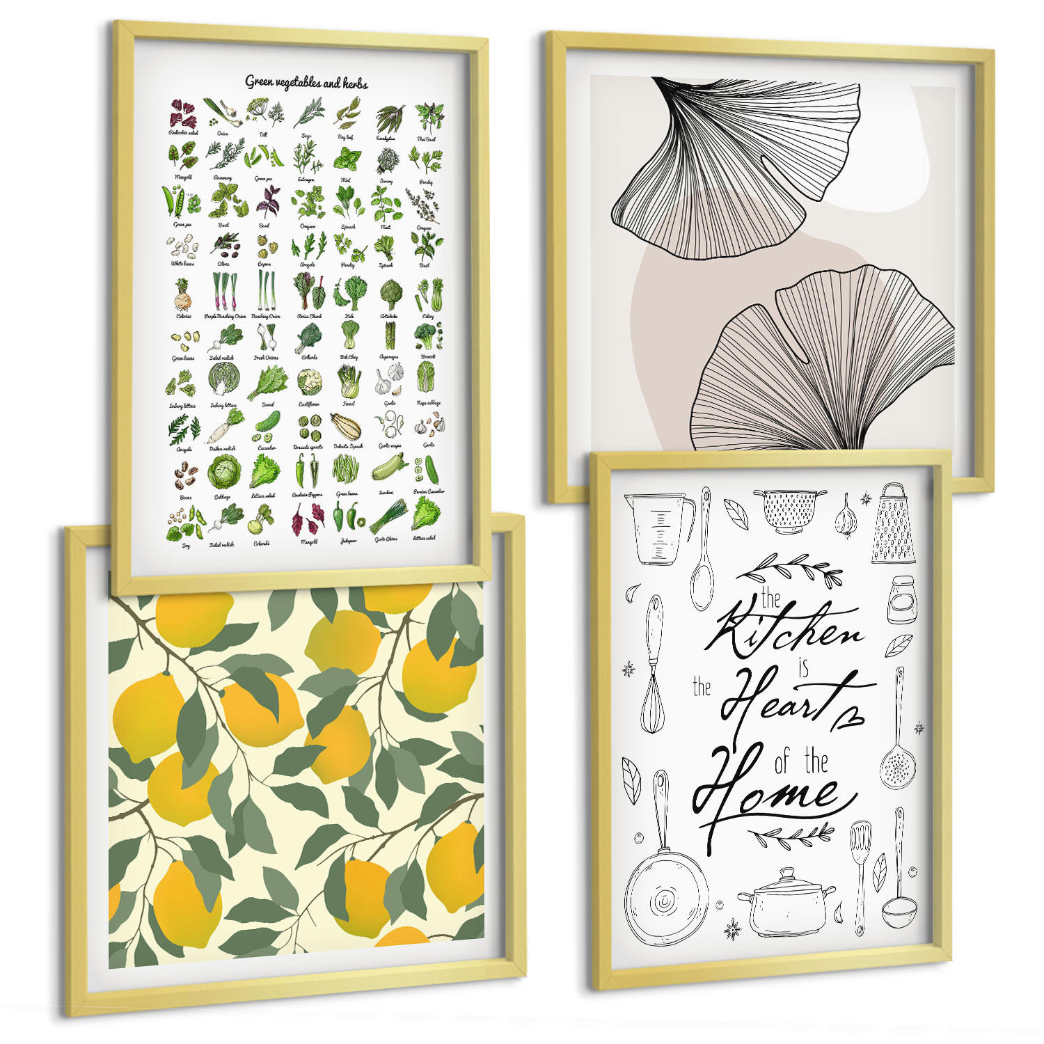 BILDER SET 4er Set - 50x50 cm & 40x60 cm Goldrahmen - Küchenkräuter-Zitronen-Malerei - Goldfarben, Kunststoff (50/50cm) - TULUP