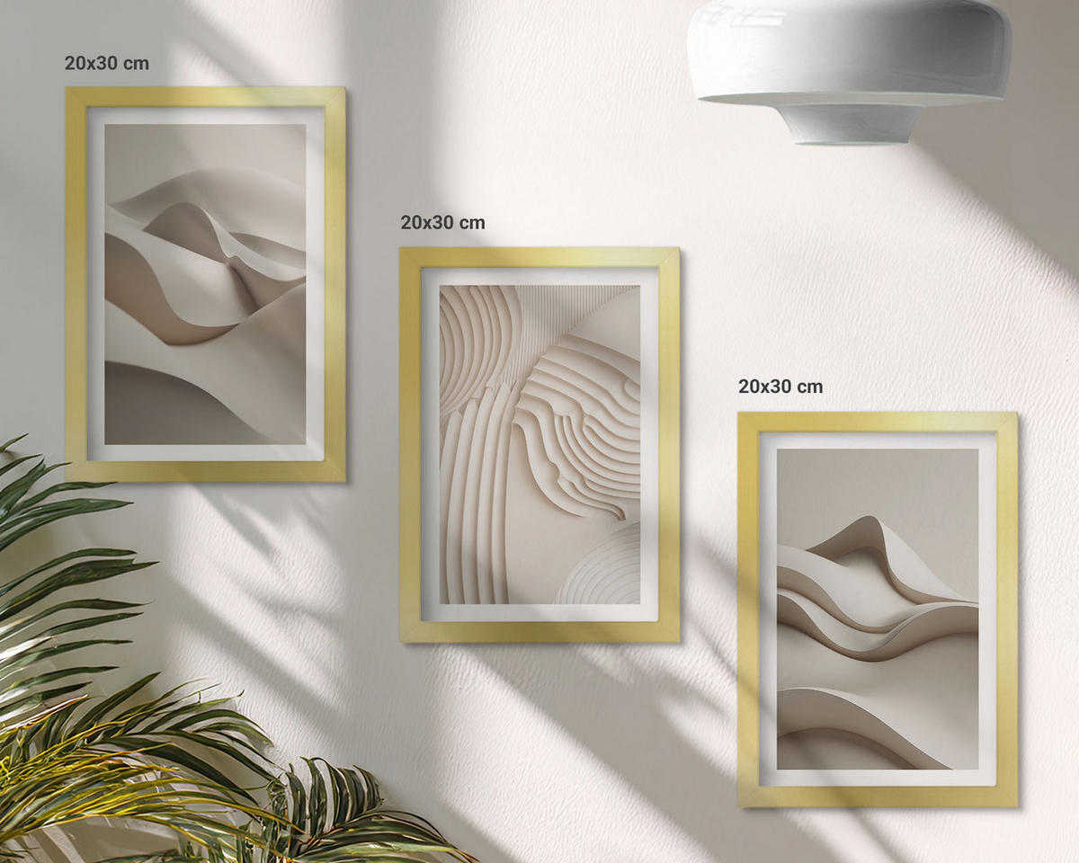 BILDER SET 3er Set - 20x30 cm Goldrahmen - Abstrakte beige Wellen - Goldfarben, Kunststoff (20/30cm) - TULUP