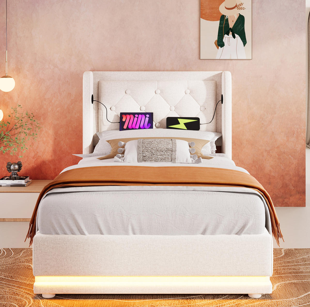 POLSTERBETT mit Stauraum LED USB/Typ-C 90x200 cm Baumwolle Beige - Beige, Metall (90/200cm) - Meubliv
