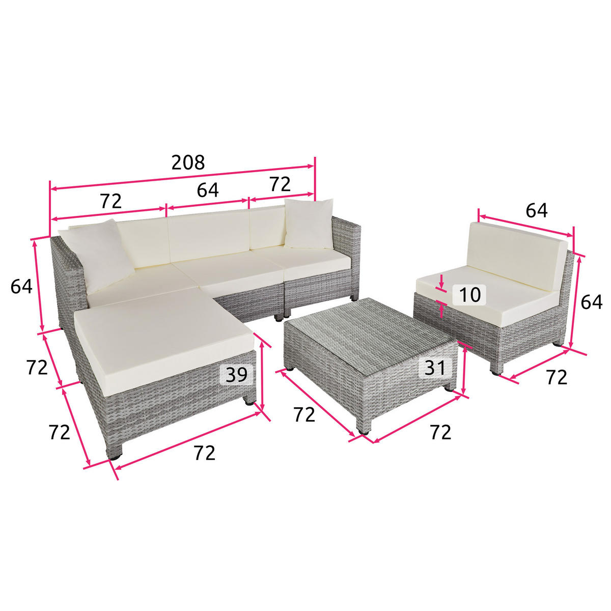 RATTANLOUNGE , mit Sicherheitsglasplatte, hellgrau - Hellgrau, Kunststoff - tectake