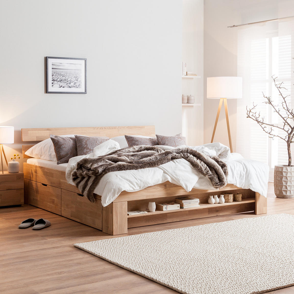 MASSIVHOLZBETT - Eiche massiv - Eichefarben, Holz (180/200cm) - home24