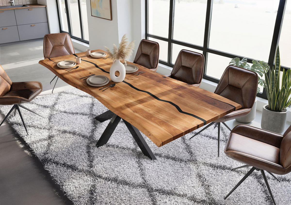 BAUMTISCH Akazie 240x100x74 natur lackiert / Epoxid schwarz, Kreuzgestell anthrazit glänzend EPOXY - Braun, Holz (100/240/74cm) - Massivmoebel24